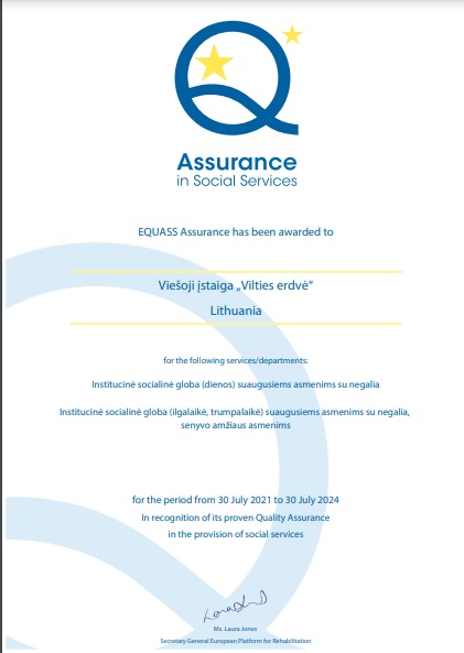 VšĮ „Vilties erdvė“ suteiktas EQUASS Assurance kokybės sertifikatas